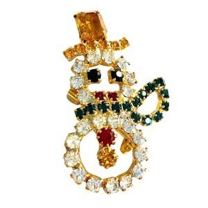 Vintage Christmas Brooch Tiny Multicolor Snowman Rhinestones Pin Whimsy Festive